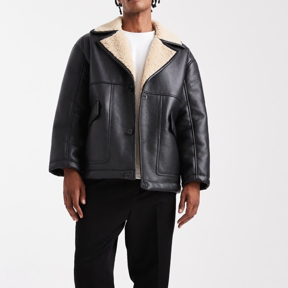 Men's Black Faux Leather Aviator Jacket with Cream Lining